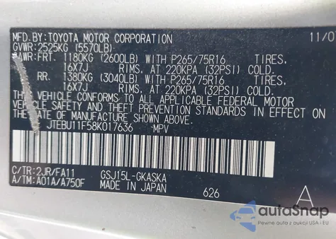 2008 Toyota Fj Cruiser z USA, uszkodzony, nr VIN JTEBU11F58K017636